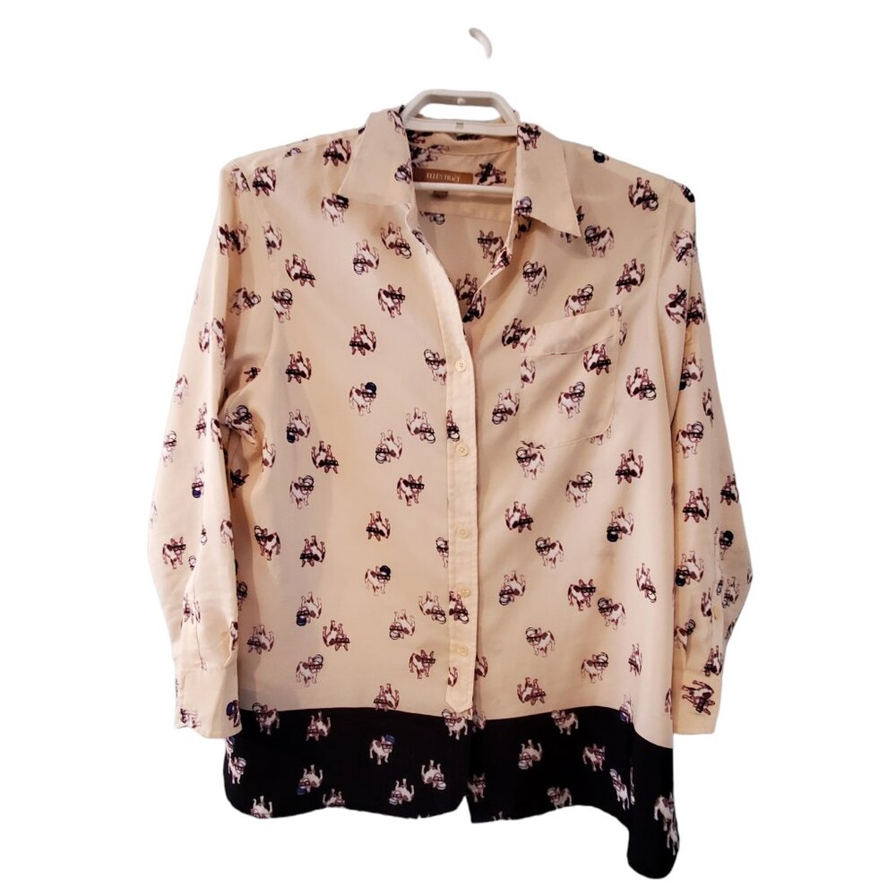 Ellen Tracy blouse shirt womens Large Bulldog wearing glasses